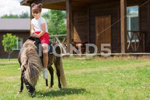 Dark-haired little girl enjoying a horse ride Stock Photos