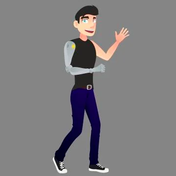 A dark-haired man with a mechanical hand prosthesis is dressed in a black shirt Illustrazione stock