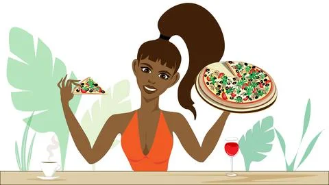 A dark-haired woman holds up a box of deliciously flavoured pizza. The drool  Stock Illustration