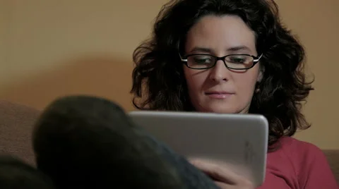 Dark Haired Woman With Tablet Computer In The Living Room Stock Footage 47010633