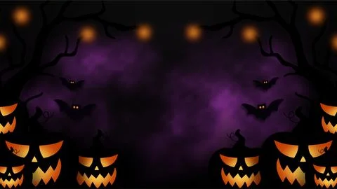 Dark Halloween Background with Jack-o-Lanterns, Bats, and Spooky Forest Sil.. Stock Illustration