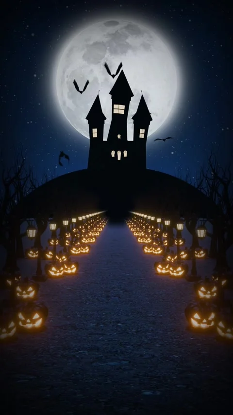 Dark Halloween Landscape with Full Moon and Haunted Castle Portrait Stock Footage 338150308