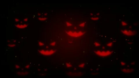 Dark Halloween motion background with glowing evil pumpkin faces Video stock 343231085