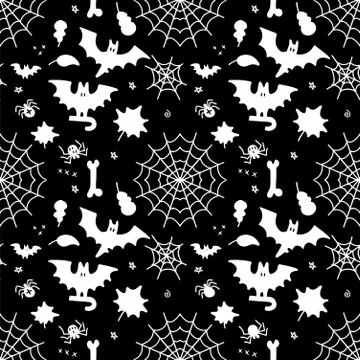 Dark Halloween pattern seamless with bats, spider web, autumn leaves. Simple Stock Illustration