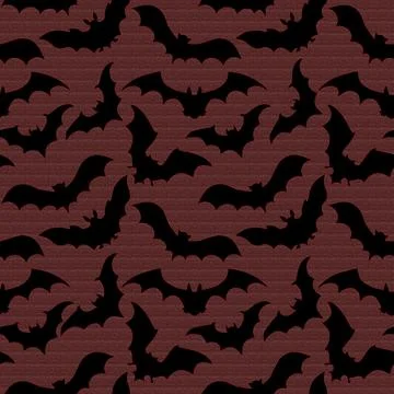 Dark Halloween Seamless Pattern With Black Bats On Textured Red Brown Backg.. Illustrazione stock
