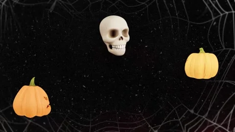 Dark Halloween Skull and Pumpkins with Red Smoke, Spider Webs and Horror At Video stock 346312613