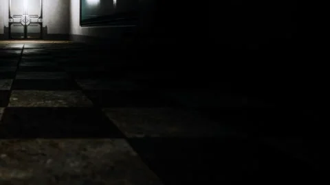 Dark hallway with checkered floor and distant light source at night Stock Footage 345004116