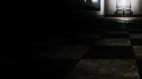 Dark hallway with checkered floor and light at the end of the passage Stock Footage 345006299
