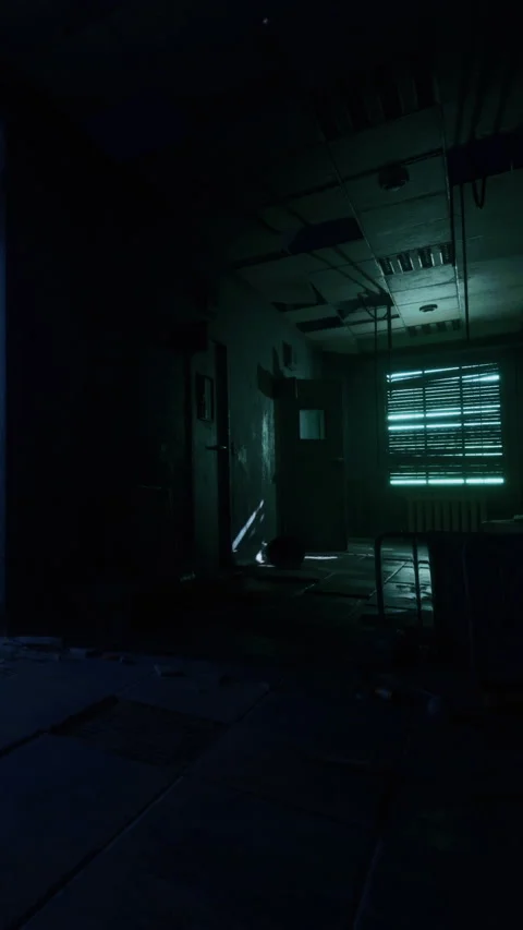 Dark hallway with green light shining through window at night Stock Footage 334106642