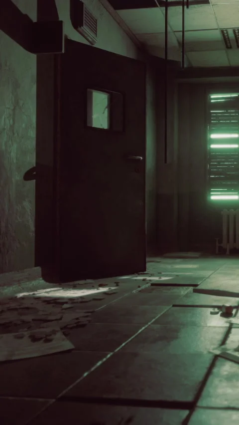 Dark hallway with open door and bright green light from window Stock Footage 336430529