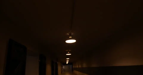 Dark hallway with a row lights walking slowly down Video stock 163485983