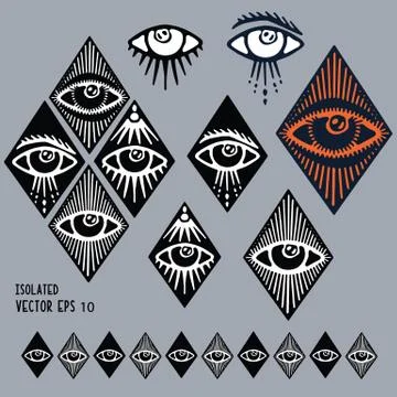 Dark hand drawn magic third eye clipart motif set. Spiritual magical human eyes Stock Illustration