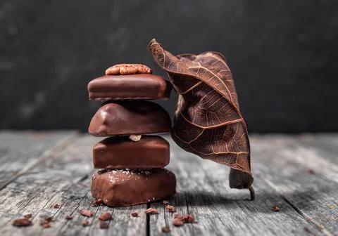 Dark handmade chocolate stack with dry leaf and cacao chips Stock Photos