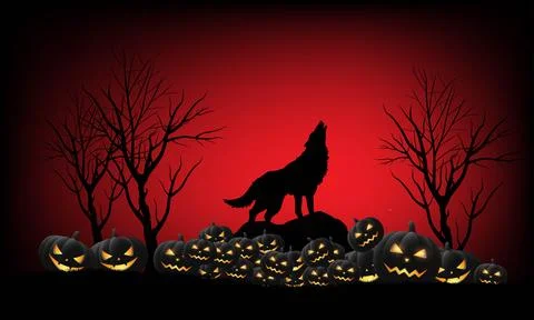 Dark Harvest: Haunted Pumpkin Fields and Howling Wolves Stock Illustration
