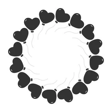 Dark Heart shape balloon on string Circle frame border in grayscale. Black Day Illustrazione stock
