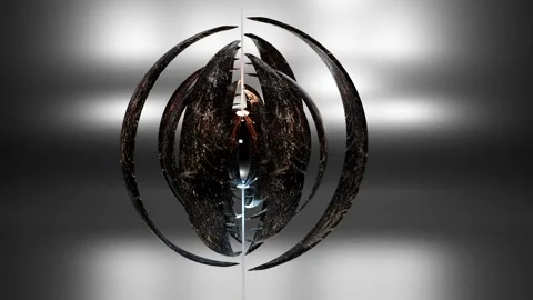 Dark hemispherical blades rotate around a metal sphere. abstract three-dimension Stock Footage 255820860
