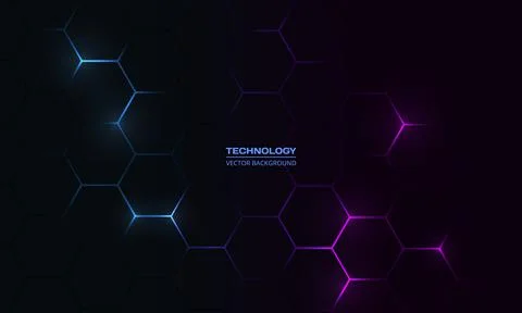 Dark hexagon abstract technology background with blue and pink colored bright Stock Illustration