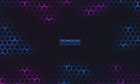 Dark hexagon abstract technology background with blue and purple colored bright Stock Illustration