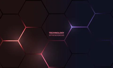 Dark hexagon abstract technology background with red and violet colored bright Stock Illustration