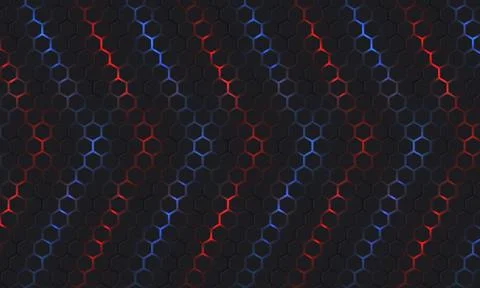Dark hexagon abstract technology background with blue and red colored bright Illustrazione stock