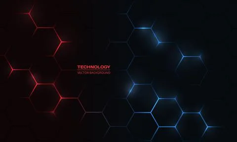 Dark hexagon abstract technology background with red and blue colored bright Illustrazione stock