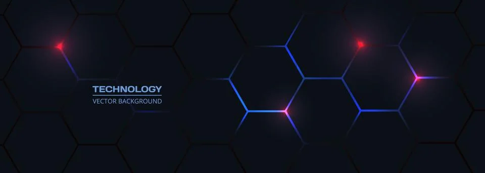 Dark hexagon abstract technology background with blue and red colored bright Stock Illustration