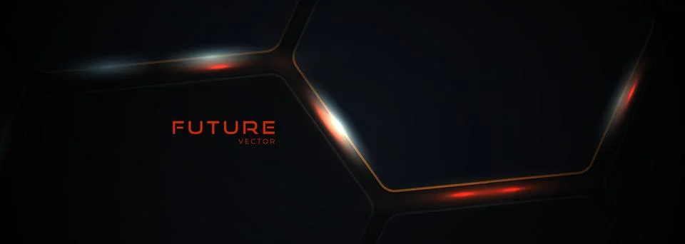 Dark hexagon abstract technology background with orange and white colored bright Stock Illustration