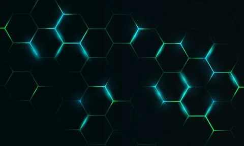 Dark hexagon abstract technology background with blue and green colored bright Stock Illustration