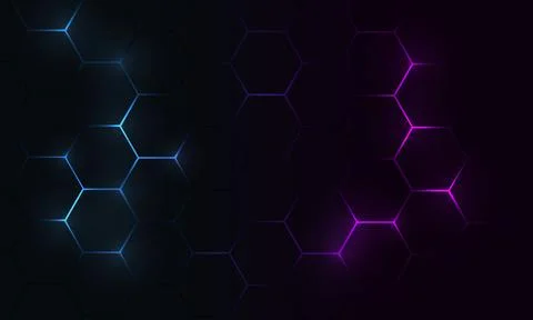 Dark hexagon abstract technology background with blue and pink colored bright Stock Illustration