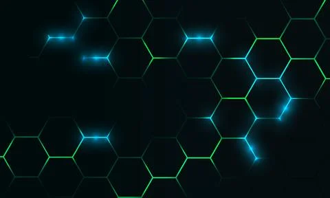 Dark hexagon abstract technology background with blue and green colored bright Stock Illustration