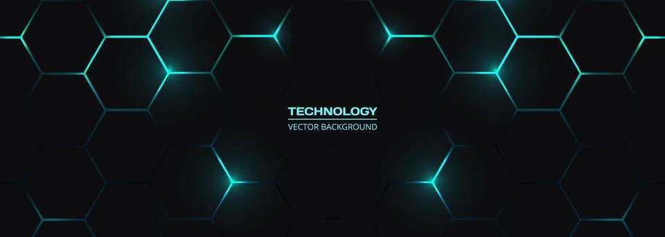 Dark hexagon abstract technology background with blue colored bright flashes Stock Illustration