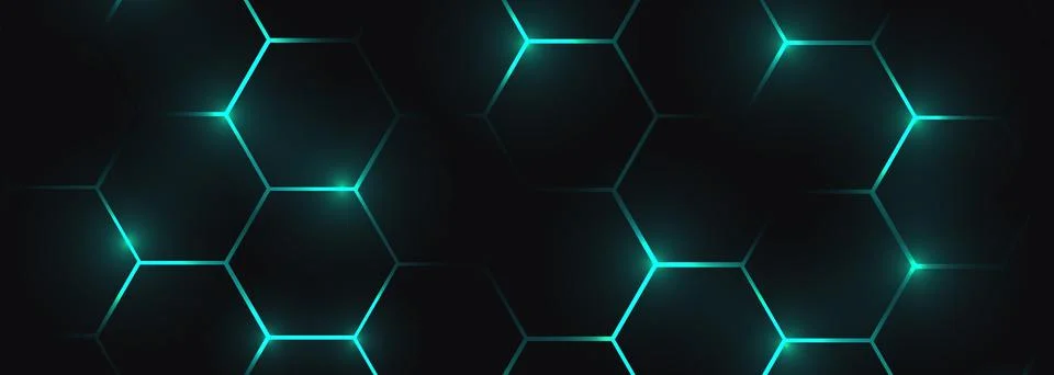 Dark hexagon abstract technology background with blue colored bright flashes Stock Illustration