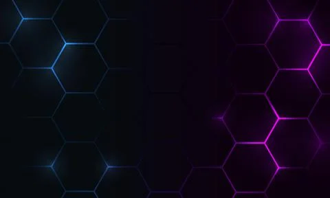 Dark hexagon abstract technology background with blue and pink colored bright Stock Illustration