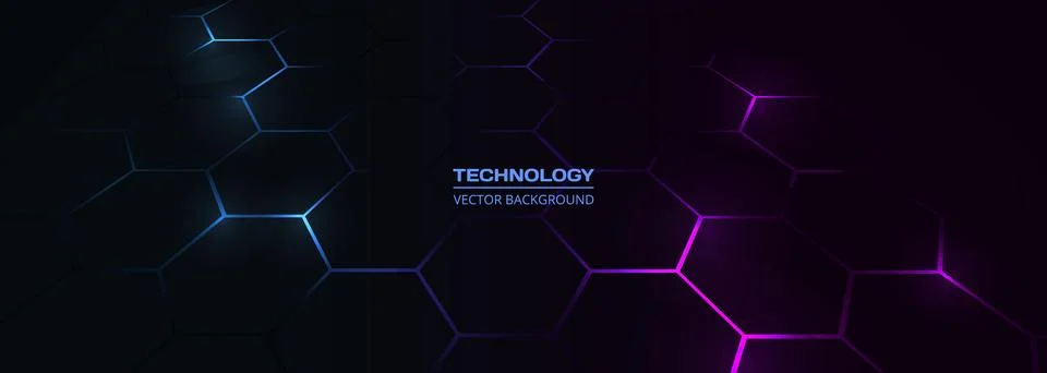 Dark hexagon abstract technology background with blue and pink colored bright Stock Illustration