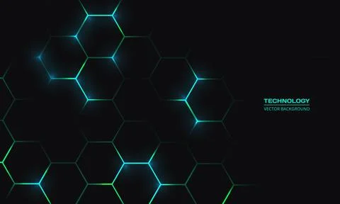 Dark hexagon abstract technology background with blue and green colored bright 스톡 일러스트