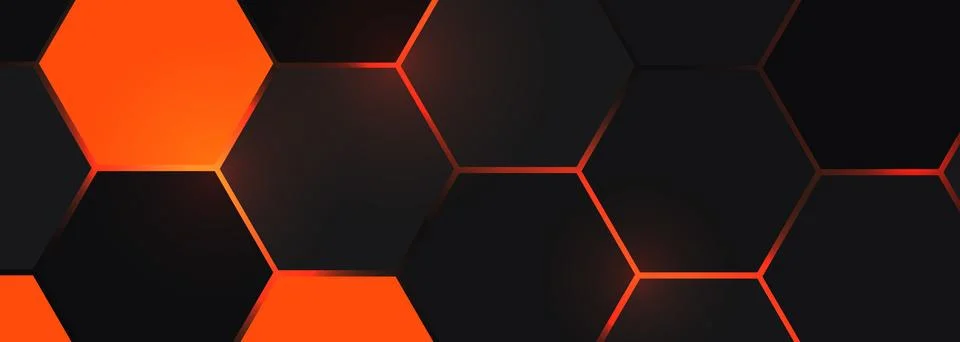 Dark hexagon gaming abstract vector background with orange bright flashes. Stock Illustration