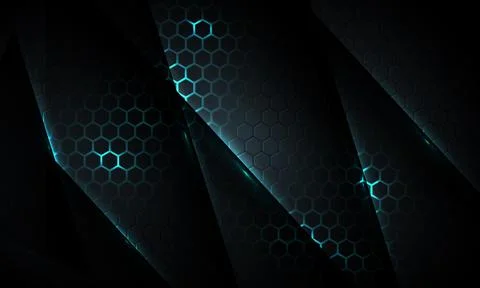 Dark hexagon gaming abstract vector background with blue colored bright flashes. Illustrazione stock