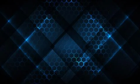 Dark hexagon gaming abstract vector background with blue colored bright flashes. Illustrazione stock
