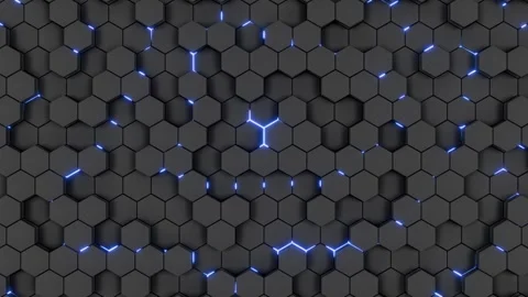 Dark Hexagon Grid Wall with Glowing Blue Light Background. Technology Background Stock Footage 345738404