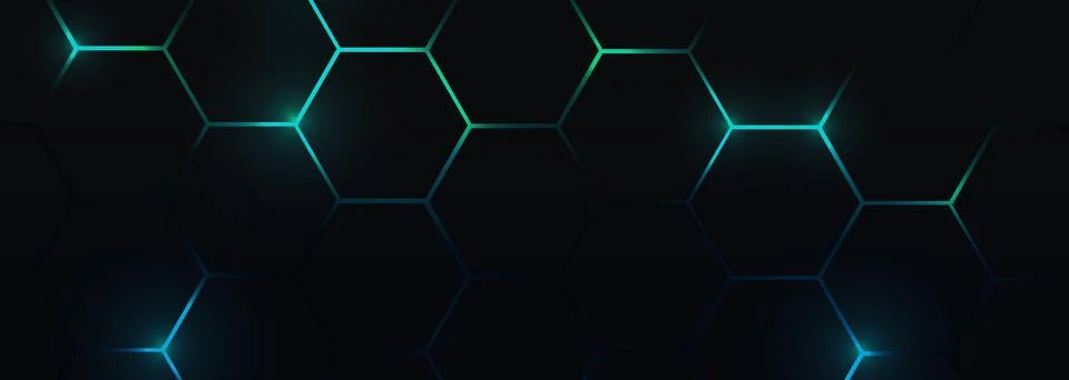 Dark hexagonal abstract technology background with blue and green colored bright Stock Illustration