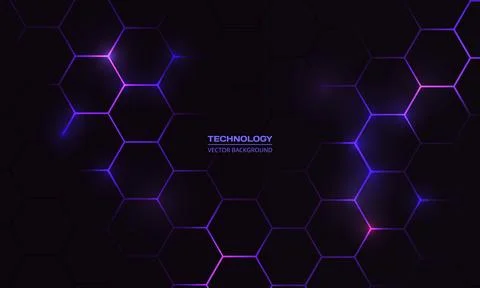 Dark hexagonal abstract technology background with blue and pink colored bright Stockillustratie