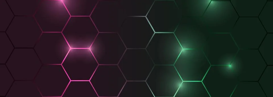 Dark hexagonal abstract technology background with pink and green colored bright 스톡 일러스트