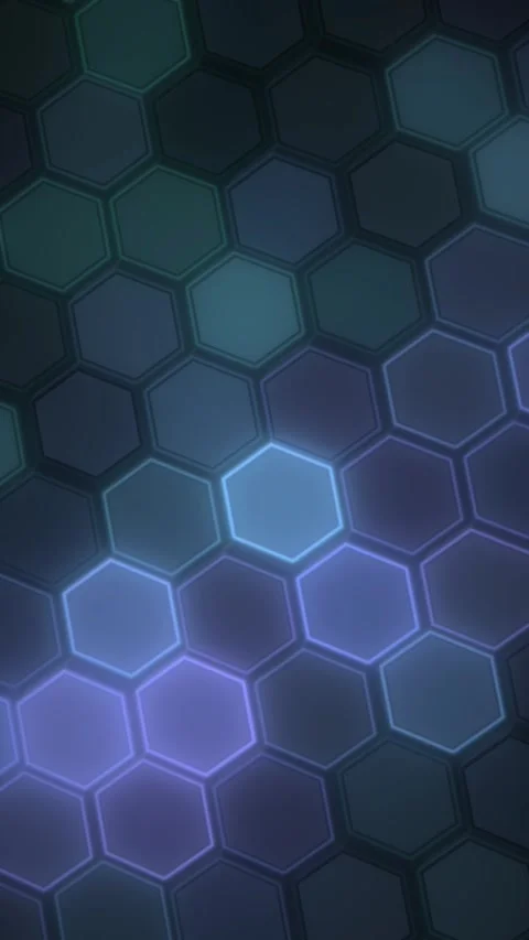 Dark hexagonal cells form a close-up repeating grid, while cool blue and vi.. Stock Footage 348763161