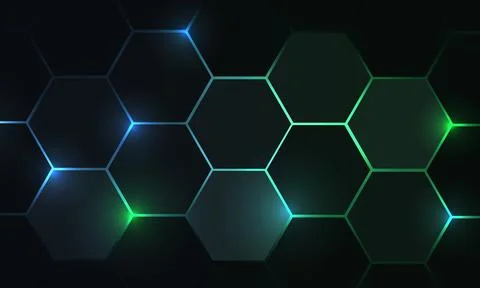 Dark hexagonal gaming abstract background with blue and green colored bright Illustrazione stock