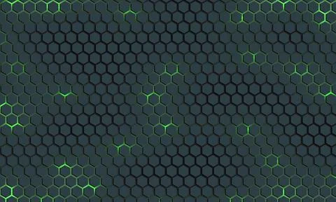 Dark hexagonal honeycomb technology background with scattered neon green Stock Illustration