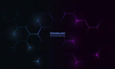 Dark hexagonal technology abstract background with blue and pink colored bright Stock Illustration