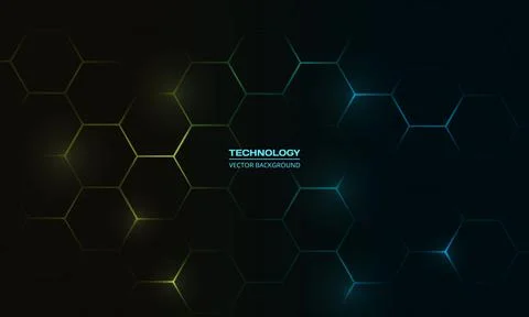 Dark hexagonal technology abstract background with blue and yellow colored Stock Illustration