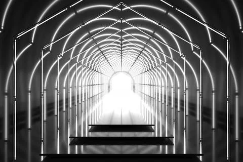 Dark hexagonal tunnel glossy podium. Abstract background. Light reflection .. 스톡 일러스트