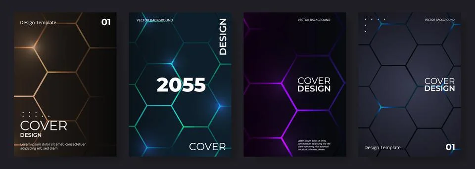 Dark hexagonal vector cover collection with glowing honeycomb patterns, neon Stock Illustration