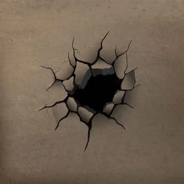 Dark hole and diverging cracks on brown concrete wall. Stock Illustration